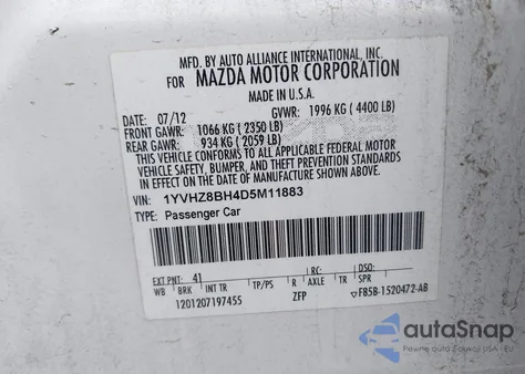 2013 Mazda Mazda6 I Sport z USA, uszkodzony, nr VIN 1YVHZ8BH4D5M11883